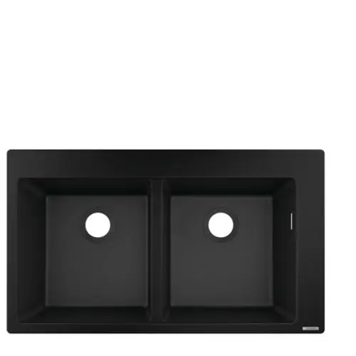 Doppelte Einbauspüle in Graphitschwarz von Hansgrohe mit zwei gleichgroßen Becken und mittigem Loch für Armatur.